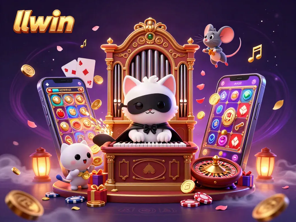 Experience the magical casino atmosphere at llwin with a charming white phantom cat and exciting gaming elements.