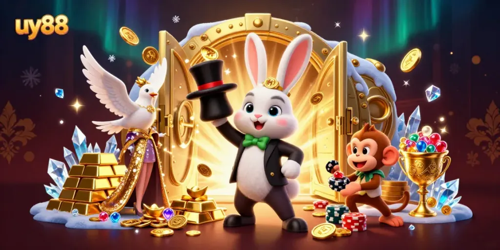Enhance your gaming experience with uy88, featuring a lively 3D scene of a magician rabbit with gold coins.