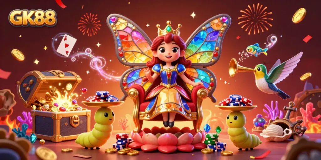 Experience the vibrant world of GK88, where a butterfly queen presides over a magical casino scene filled with treasures and festive elements.