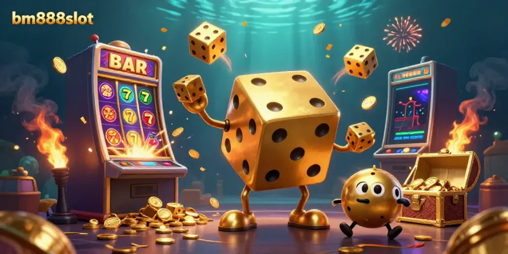 Experience the excitement with bm888slot's vivid casino-themed scene showcasing golden dice and a bursting jackpot.
