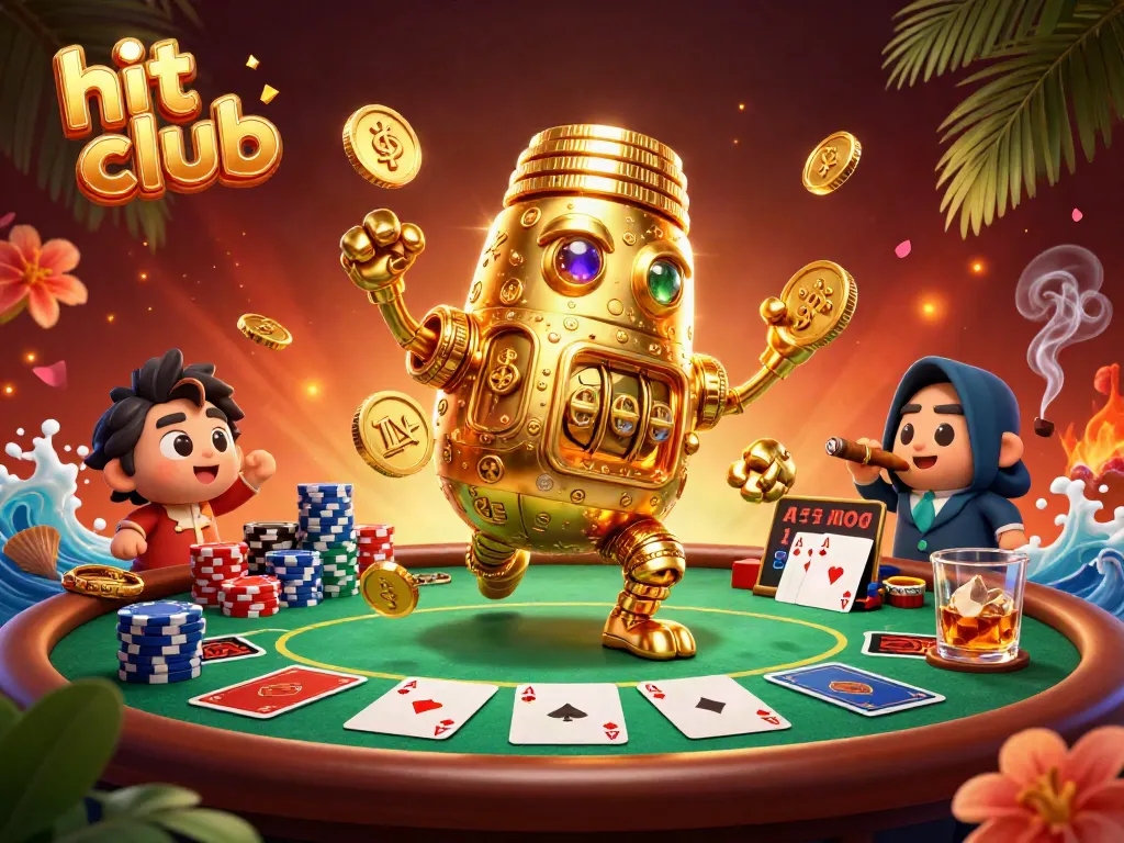 Experience the high stakes of hit club with a golden golem amidst lively casino elements.