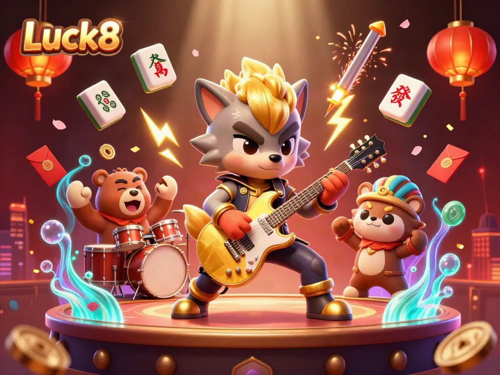 Luck8 casino scene featuring a rock star wolf and drummer bear, explosive casino elements.