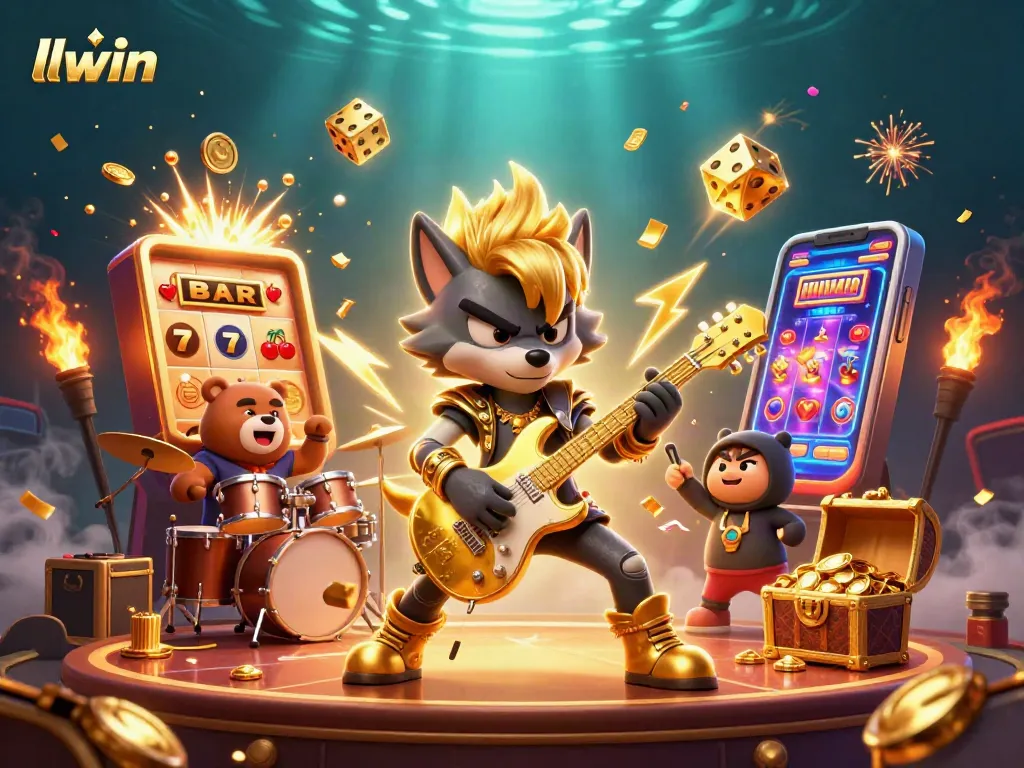 Experience llwin's vibrant casino energy with a 3D rock star wolf performing amidst slot machine jackpots.