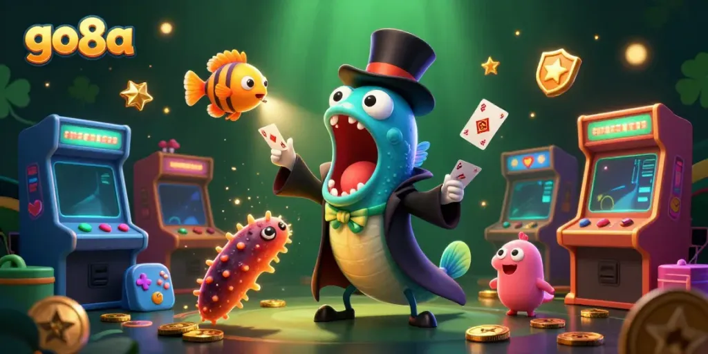 Experience gaming excitement with go8a: deep-sea characters performing casino tricks in vibrant 3D.