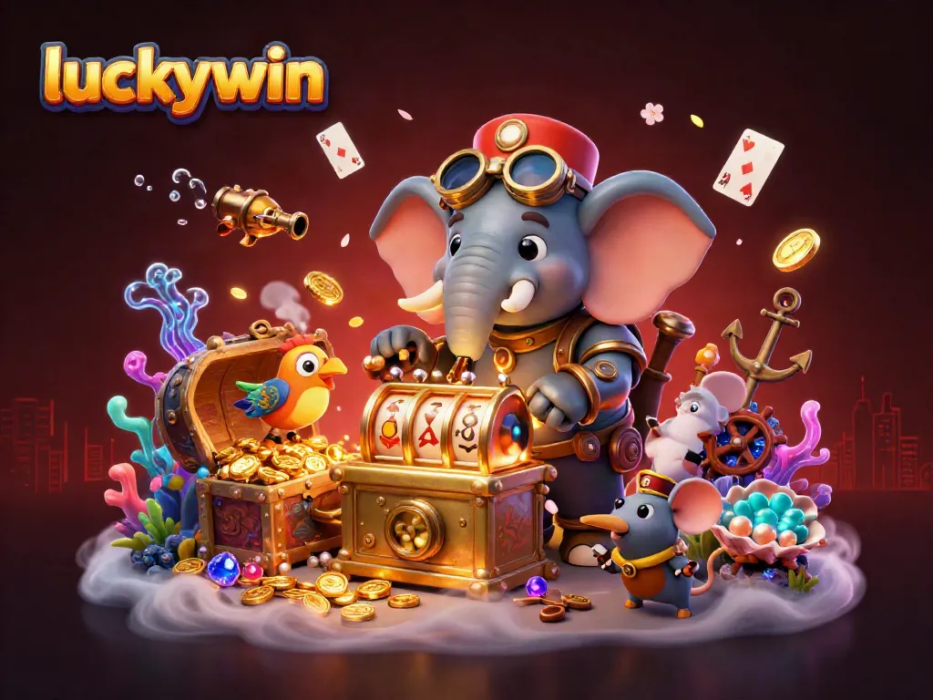 Experience the thrill of luckywin with a steampunk elephant at a magical slot machine amid treasures.