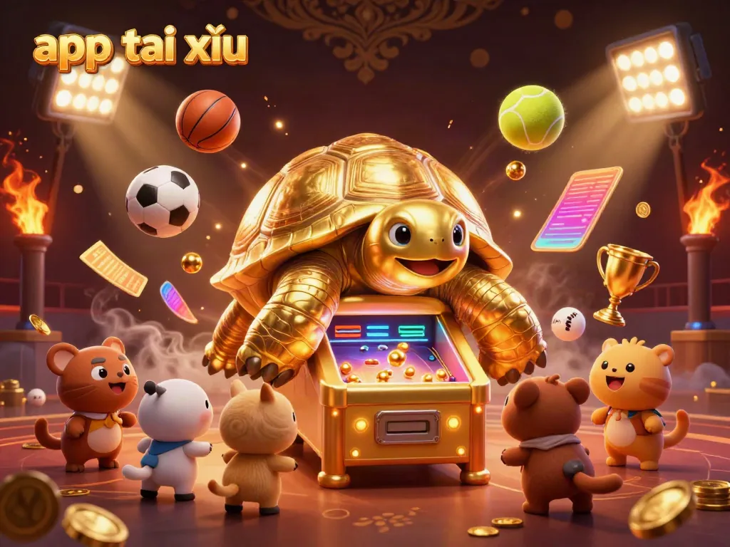 Engage with the thrilling app tài xỉu experience, featuring a dynamic golden tortoise pinball machine and excited players.