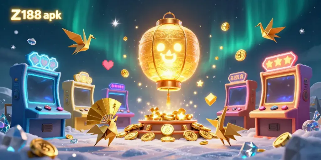 Experience the vibrant energy of Z188 apk in an ultra-detailed casino scene filled with gaming excitement and lucky symbols.