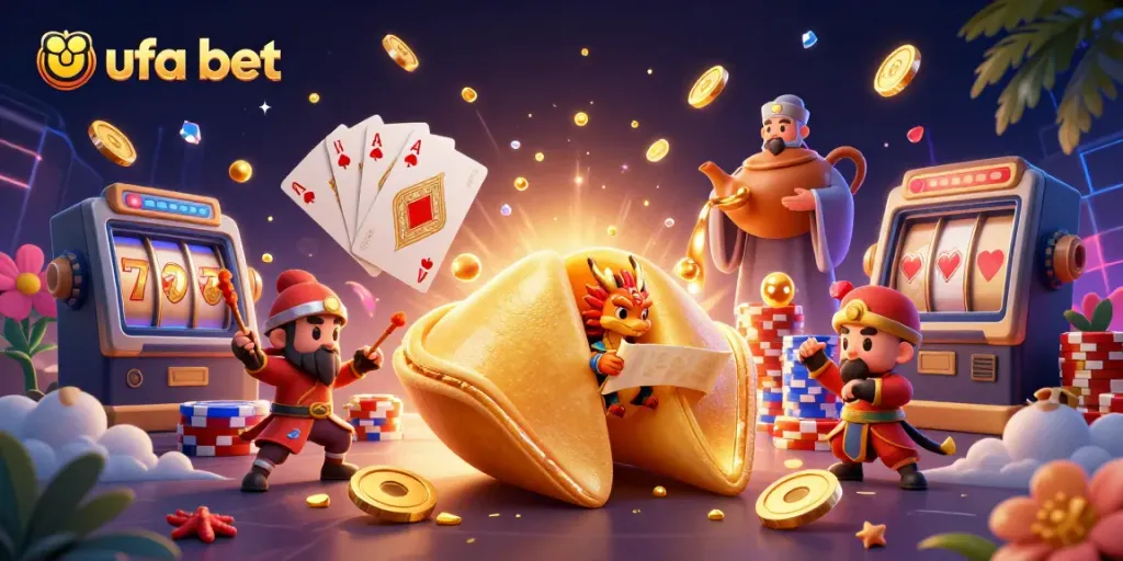 Play the renowned ufa bet with an array of vibrant casino elements and characters in an enchanting scene.