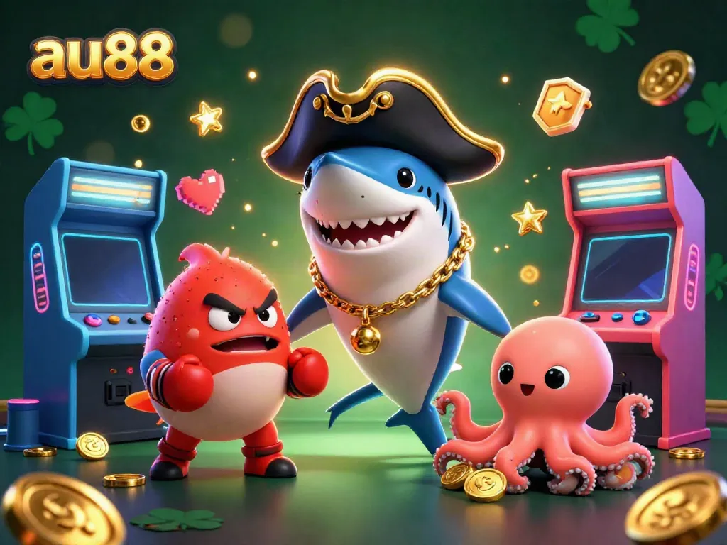 Immerse in the vibrant casino adventures of au88 with a daring pirate shark and friends amidst dazzling gaming elements.