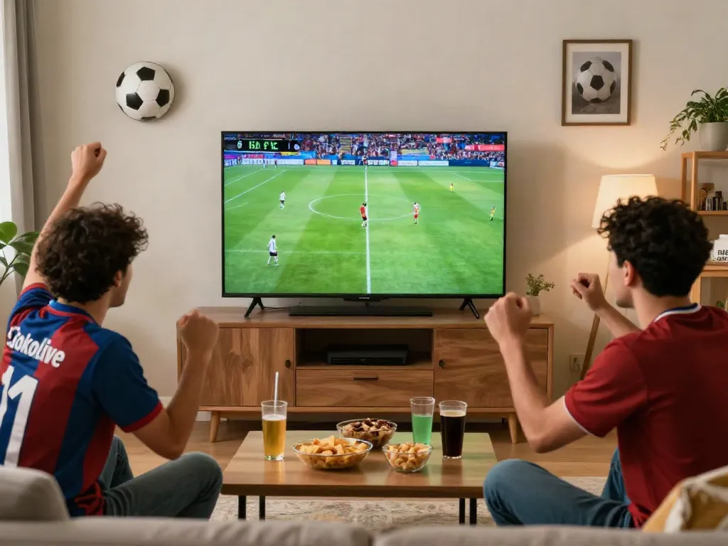 Socolive fan celebrating while watching a live soccer match in a vibrant living room, showcasing an exciting sports streaming atmosphere.