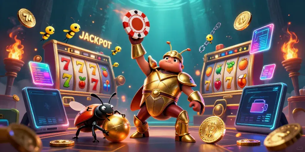 Engage with 7M's vibrant slot machine action in this stunning 3D illustration featuring festive characters and crypto elements.