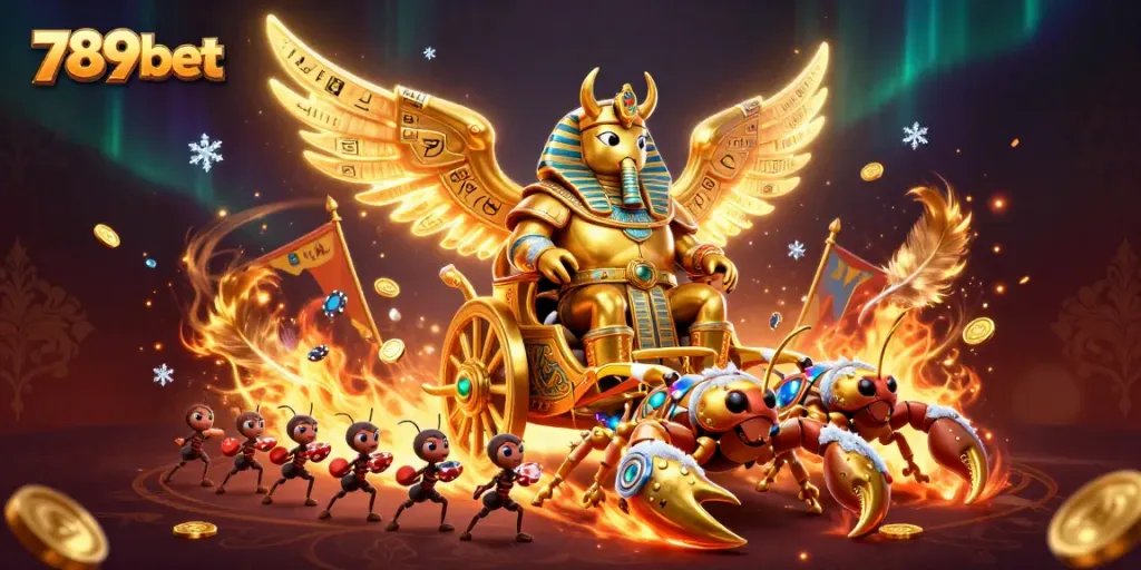 Engage with 789bet's thrilling atmosphere featuring a golden scarab beetle chariot scene.