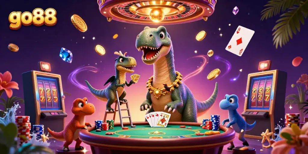 Experience the excitement of go88 with 3D characters in a bustling casino scene.