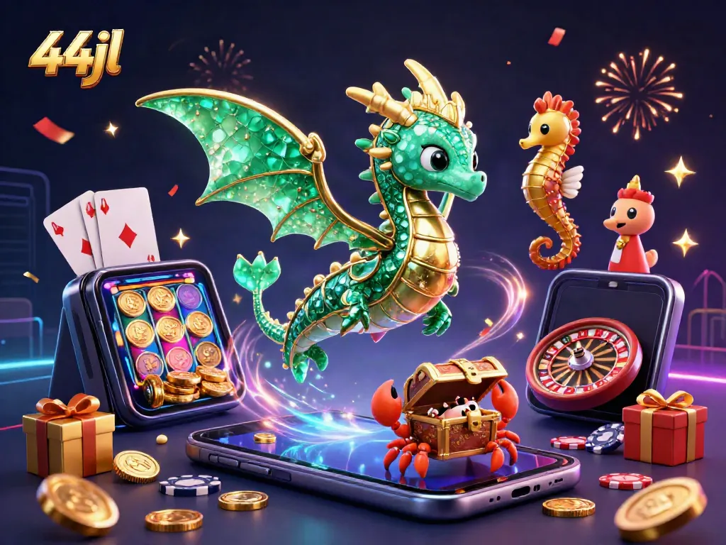 Engage with the vibrant 44jl gaming scene featuring a floating emerald sea dragon and dynamic casino elements.