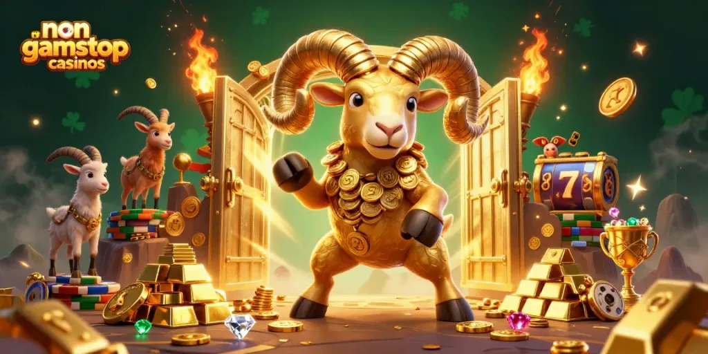 Experience the thrill of non gamstop casinos with a dynamic 3D scene featuring a charging golden ram amidst treasures.