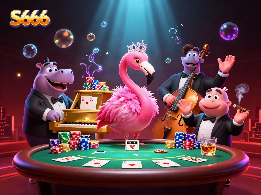 S666 casino scene featuring a flamingo singer, hippo bassist, and vibrant poker elements.