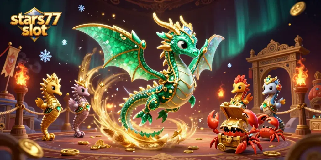 Ambil kemenangan di permainan stars77 slot dengan ilustrasi seru dari naga laut dan peti harta karun.