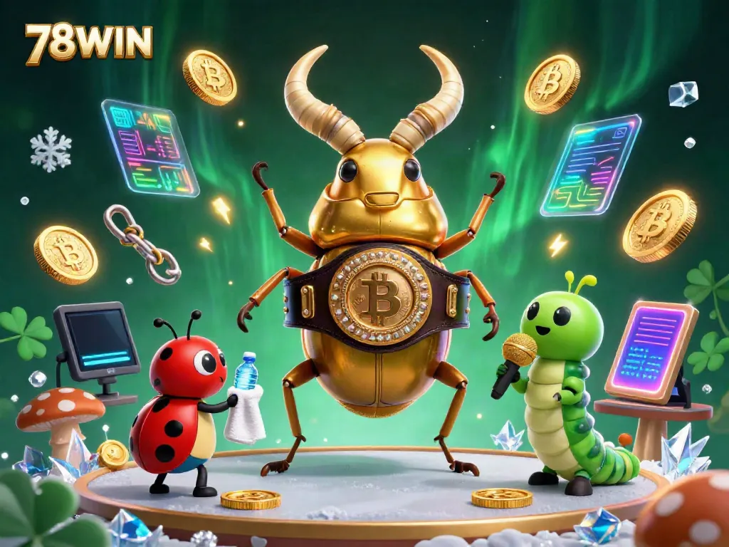 Engage with 78WIN's dynamic casino experience featuring the golden stag beetle in a boxing match, amid vibrant, rich game elements.