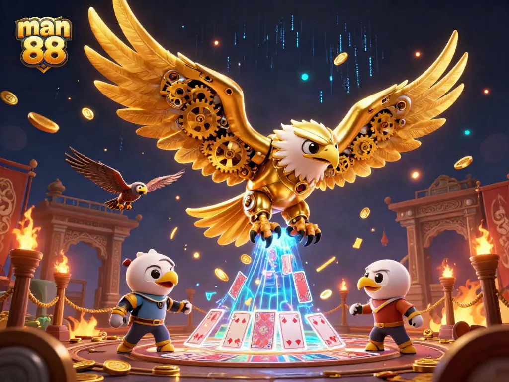 Engage in thrilling layers of fun at the man 88 casino with a vibrant 3D illustration showcasing a cybernetic eagle soaring through playing cards.