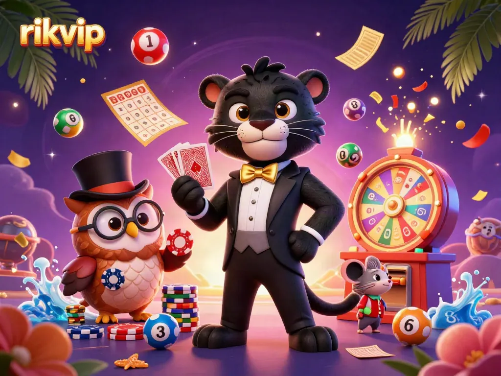 Engage with excitement at rikvip, featuring a stylish black panther, owl, and lucky mouse amidst dynamic gambling elements.