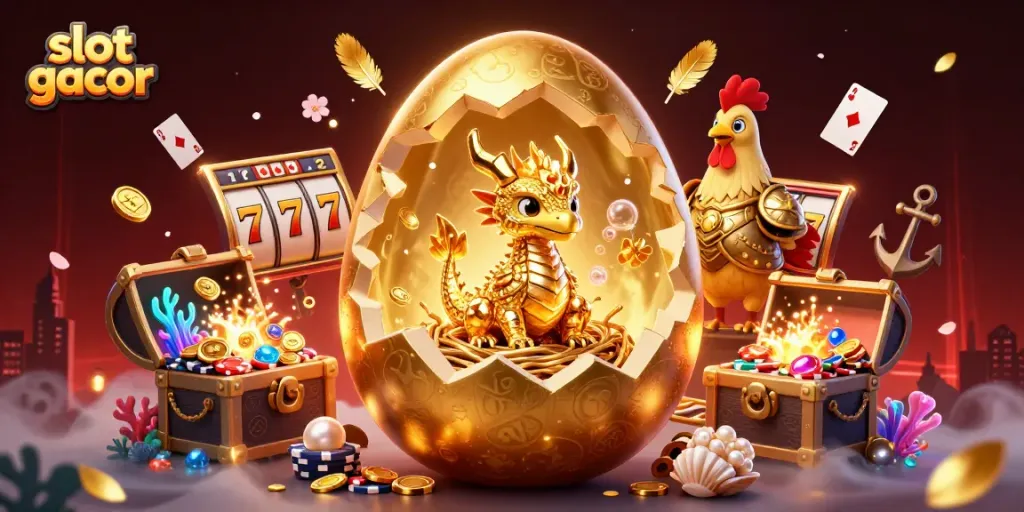Experience the enchanting slot gacor with a golden dragon and treasure-filled casino scene.