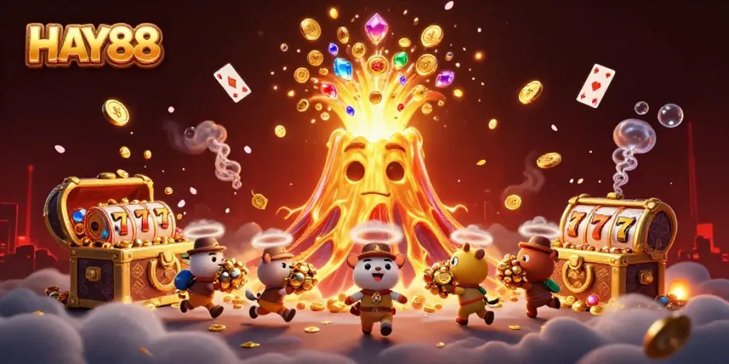 Experience HAY88 as animated treasures burst forth from a magical volcano, capturing the thrill of gambling.
