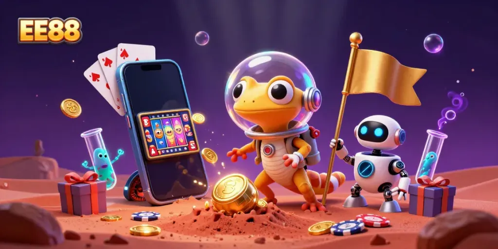 Engage with EE88's exciting universe through a Martian gecko discovering a vibrant 3D casino scene.