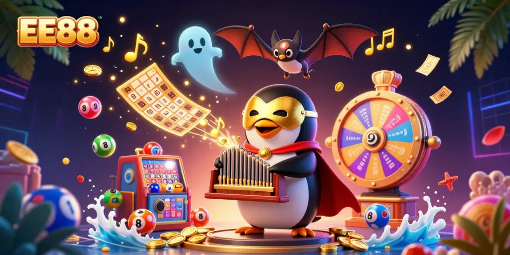 EE88 creates excitement with a dynamic illustration of a penguin playing an organ surrounded by colorful lottery elements.