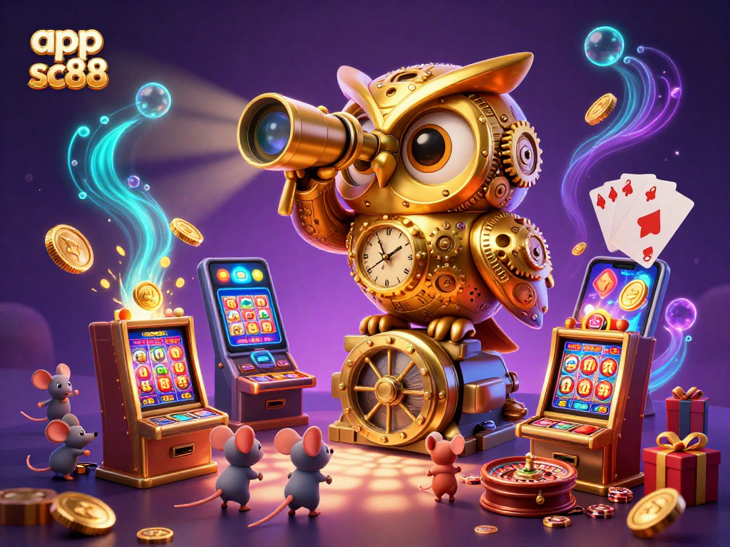 Engage with app sc88 in a dynamic 3D casino scene featuring a whimsical owl and vibrant gaming elements.