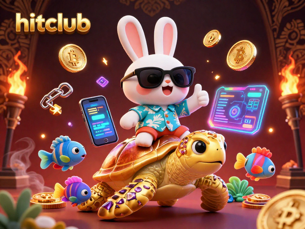hitclub showcases a lucky rabbit and turtle amidst vibrant crypto elements in a lively casino scene