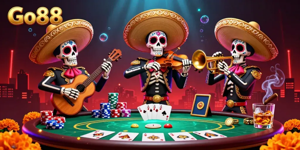 Engage in high-stakes action at Go88 with a vibrant mariachi band playing amidst a dynamic poker scene.