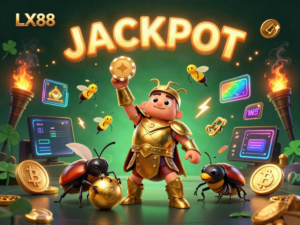 Experience victory at LX88 with a cartoon beetle lifting a poker chip and glowing crypto elements.