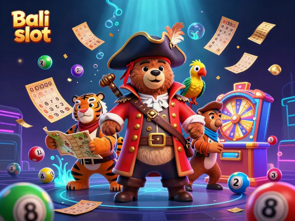 Bali slot themed illustration showcasing a pirate bear, tiger, and parrot amid colorful lottery balls and golden prizes.