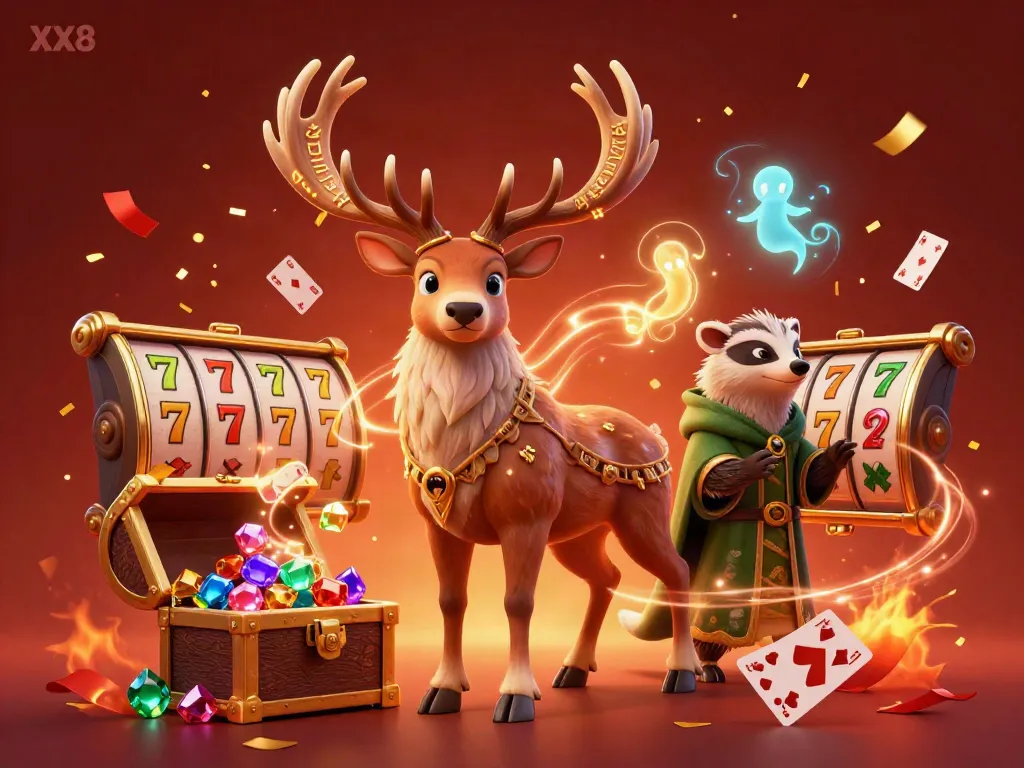 Engage with the vibrant casino world of XX8, illustrating a magical scene filled with slot reels and festive elements.