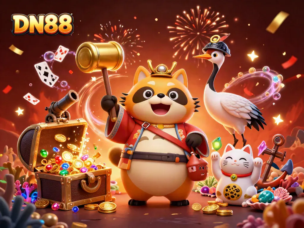 Experience winning moments at DN88 with the cheerful tanuki and vibrant casino games around.