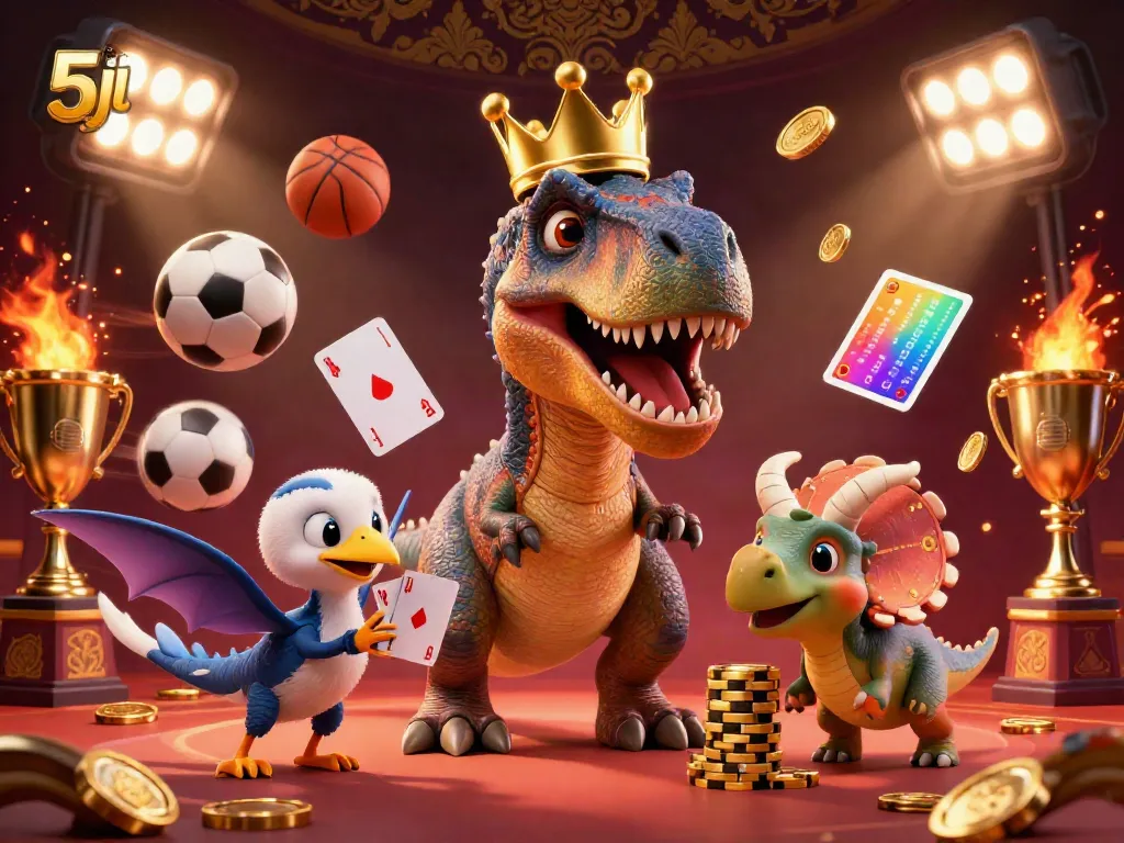 Engaging scene with the 5jl brand characters, including a T-Rex and pterodactyl, shuffling cards in a vibrant casino setting.