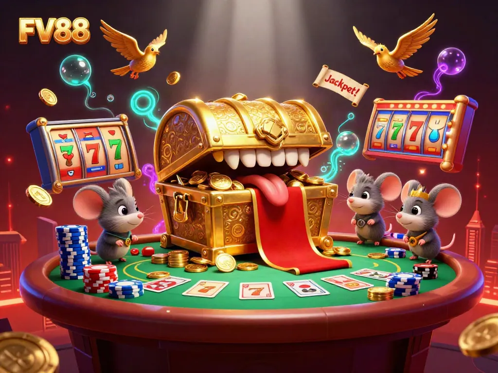 Win big with FV88's exciting slots, showcasing a treasure chest and dynamic casino elements.