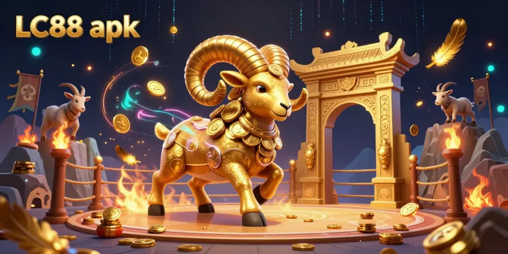 Engage with the excitement of LC88 apk as a golden ram charges towards victory amidst a vibrant casino scene.