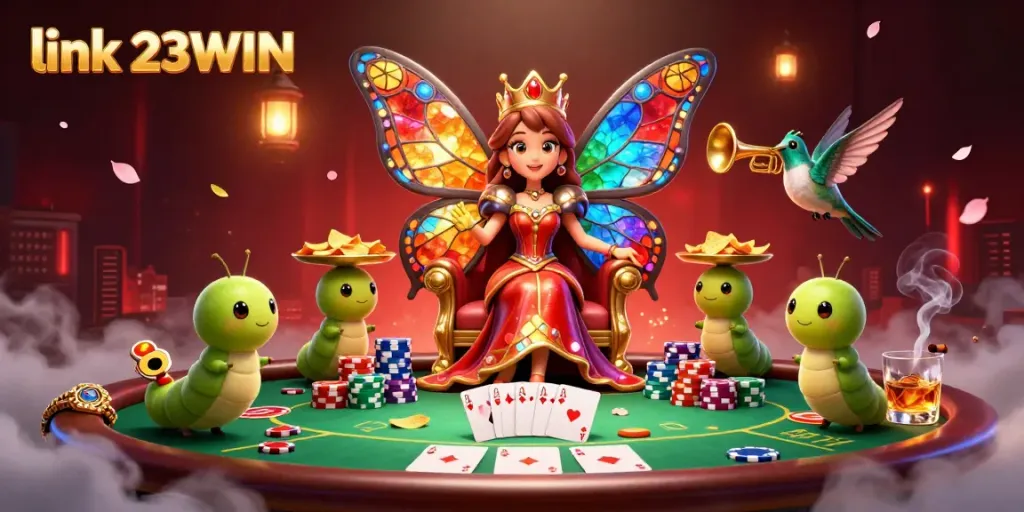 Engage with exciting betting opportunities at link 23WIN, featuring a vibrant 3D scene with poker elements.