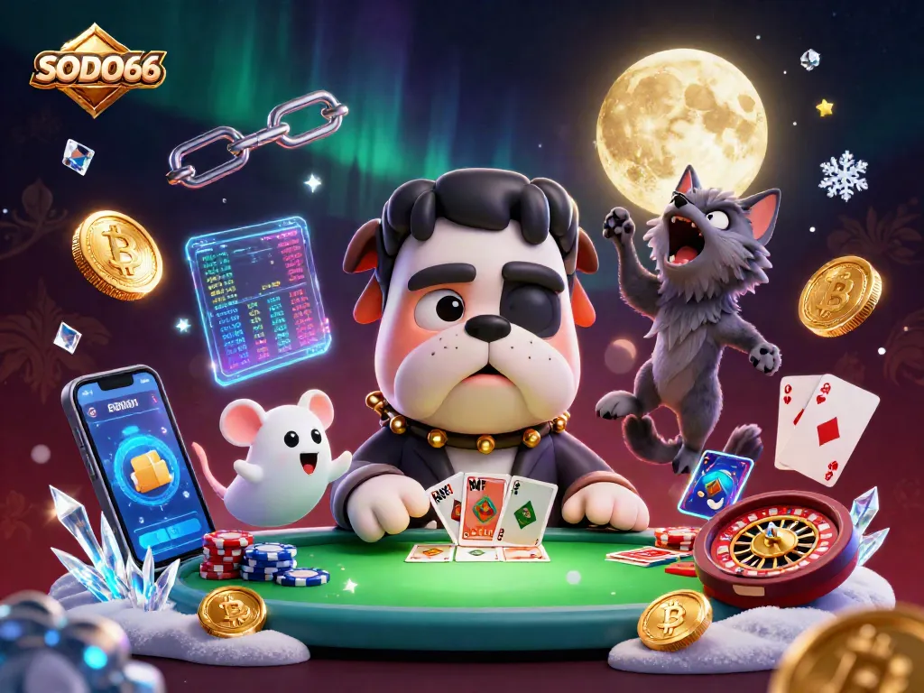 Experience thrilling gameplay at SODO66 with a dynamic scene featuring a bulldog dealer, ghost mouse, and werewolf kitten in a lively casino environment.