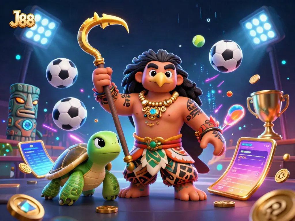 Engage in rich gaming experiences with J88, showcasing an epic demigod and vibrant sports elements.
