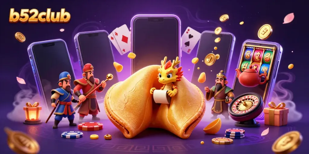 Experience the vibrant world of b52club with an ultra-detailed casino-themed illustration full of energetic game elements.