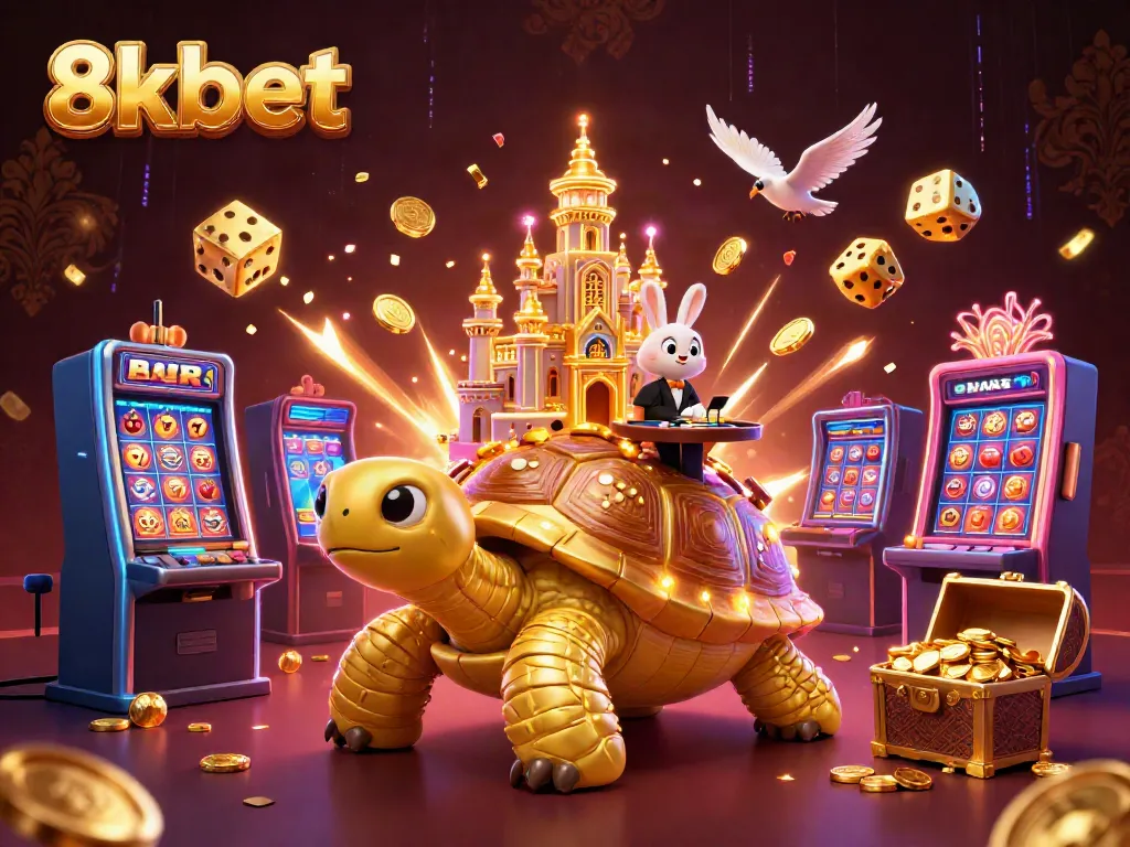 Experience thrilling casino action with 8xbet's golden tortoise and festive slot machine scene.