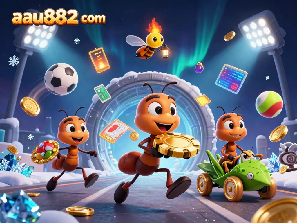 Experience thrilling betting at aau882 com as ants navigate a heist with a golden poker chip amidst dynamic sports elements.