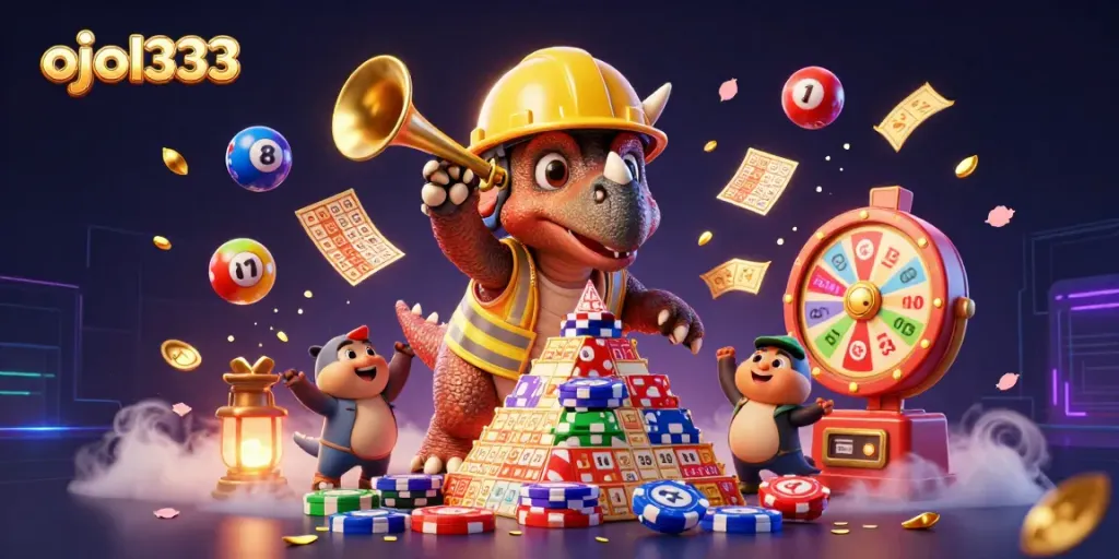 Join the fun with ojol333 while the cheerful triceratops builds a poker chip pyramid amid excitement.