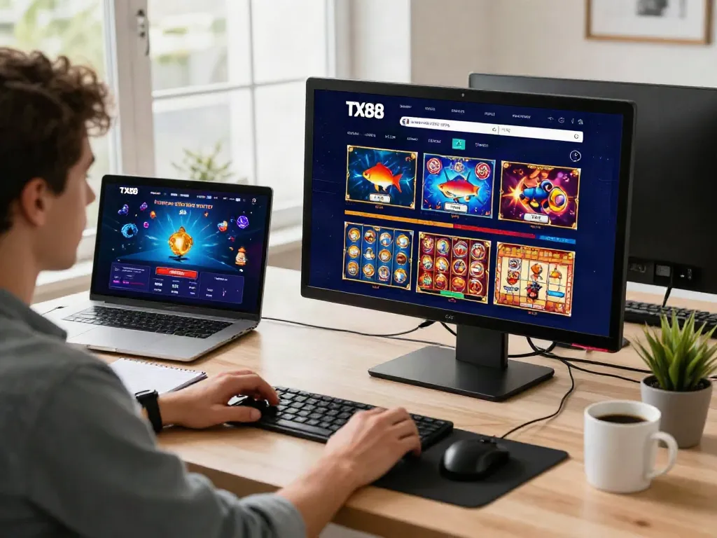 Engaging scene showcasing a user playing on the TX88 platform, highlighting the excitement of online gambling at https://tx88.br.com/.