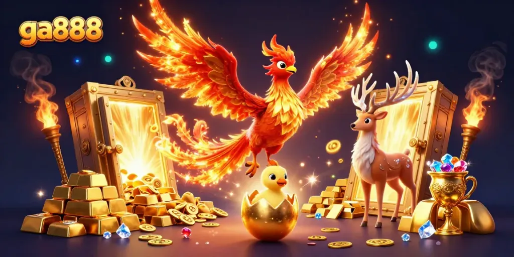 Experience the thrill of winning at ga888 with vibrant 3D casino elements and mythical creatures.