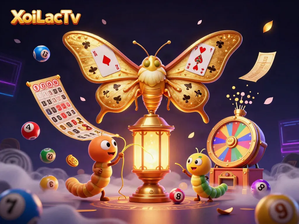 XoiLacTv captures the excitement of casino gaming with colorful lottery balls and golden prizes.
