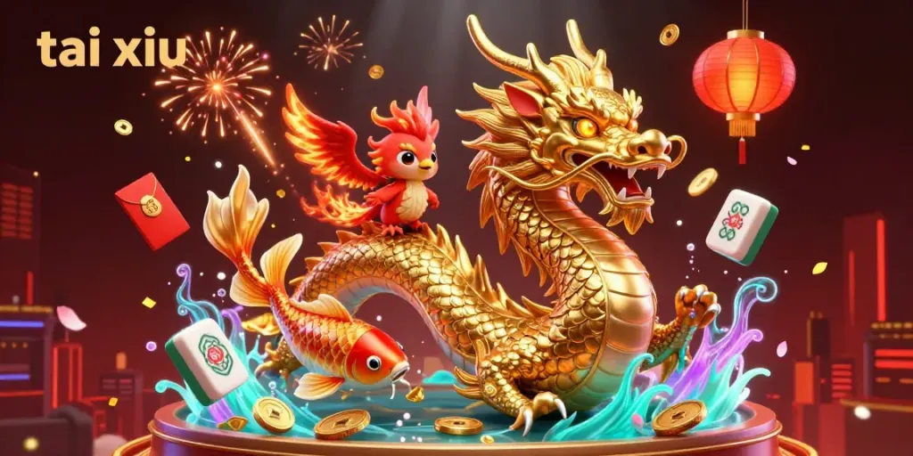 Tai Xiu 3D illustration featuring a golden dragon, phoenix, koi fish, and vibrant casino elements.