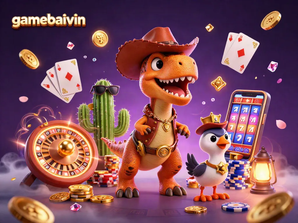 Spin to win with gamebaivin's vibrant 3D casino scene featuring a T-Rex and friends!